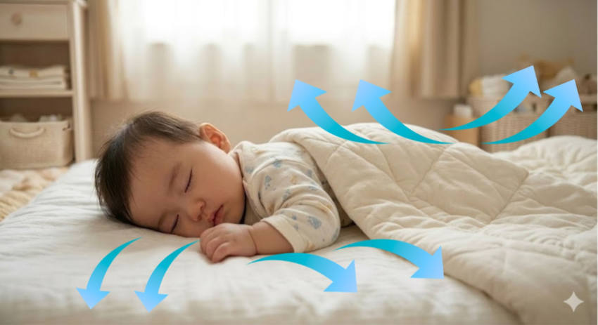 理想的な吸湿性を持つ、キクチシングこだわりの綿素材。赤ちゃんの寝汗を解消し、蒸れや寝冷えから守るベビー布団に仕上げています