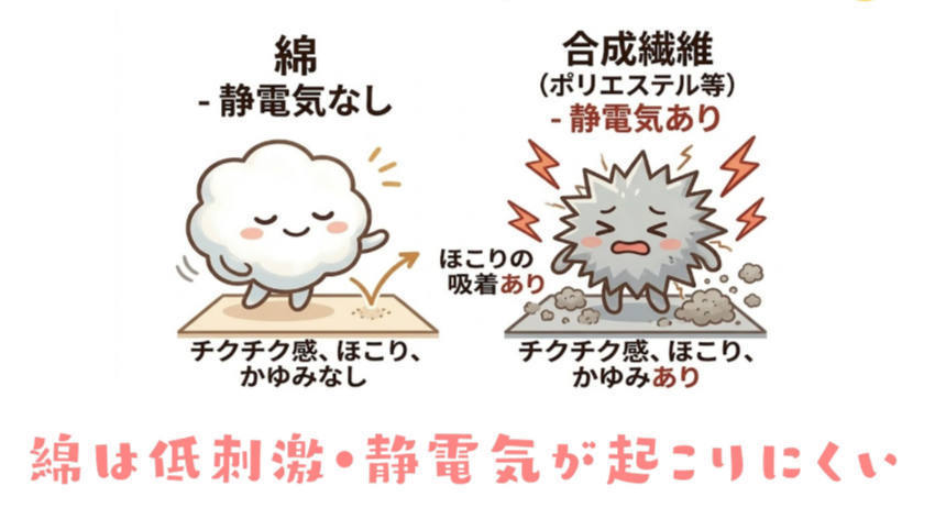 綿とポリエステル素材の比較イラスト。繊維が丸く低刺激な綿は、大人の半分ほどの厚さしかない赤ちゃんの繊細な肌を優しく守り、静電気によるホコリの吸着も防ぎます。