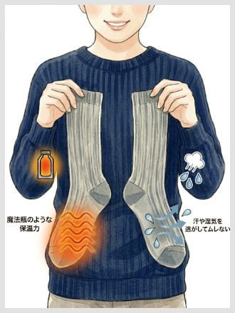 パジャマ姿の女性がひだまりダブルソックス(えんじ色)を履いている